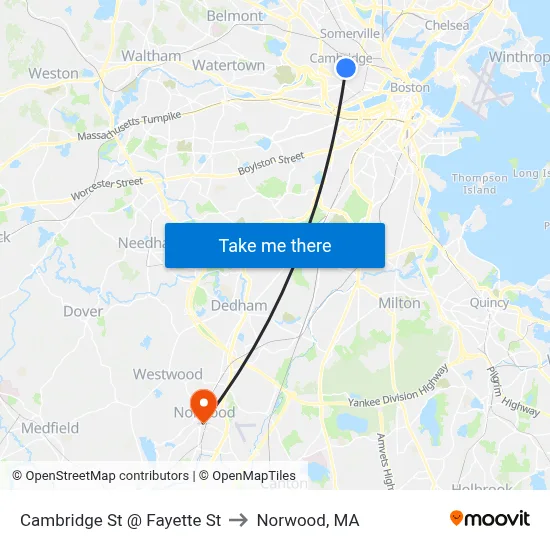 Cambridge St @ Fayette St to Norwood, MA map