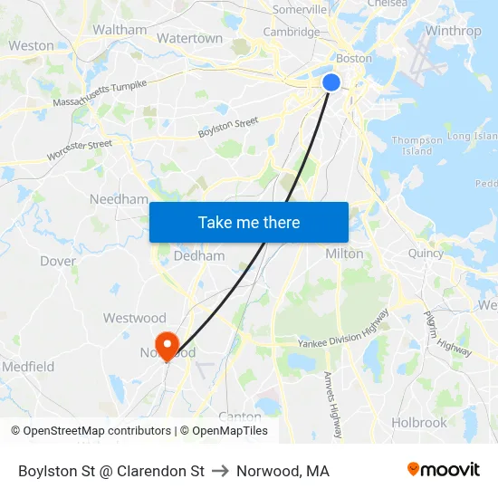 Boylston St @ Clarendon St to Norwood, MA map