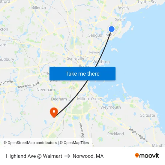 Highland Ave @ Walmart to Norwood, MA map