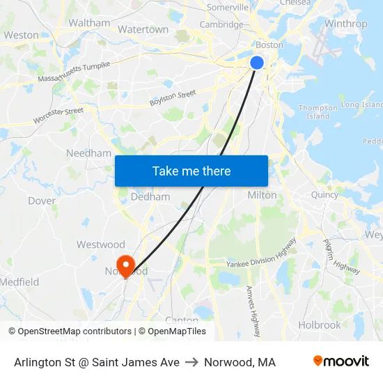 Arlington St @ Saint James Ave to Norwood, MA map