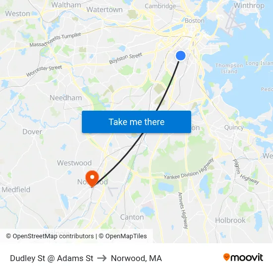 Dudley St @ Adams St to Norwood, MA map