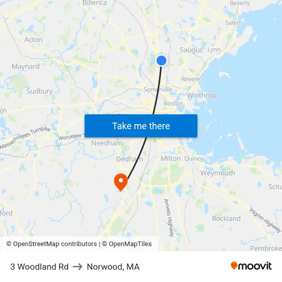 3 Woodland Rd to Norwood, MA map
