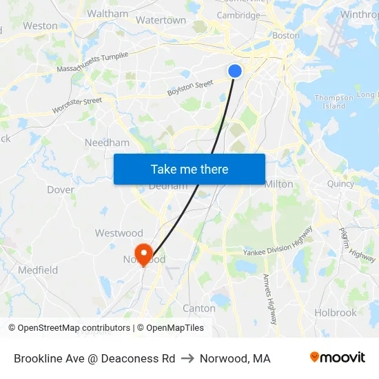Brookline Ave @ Deaconess Rd to Norwood, MA map