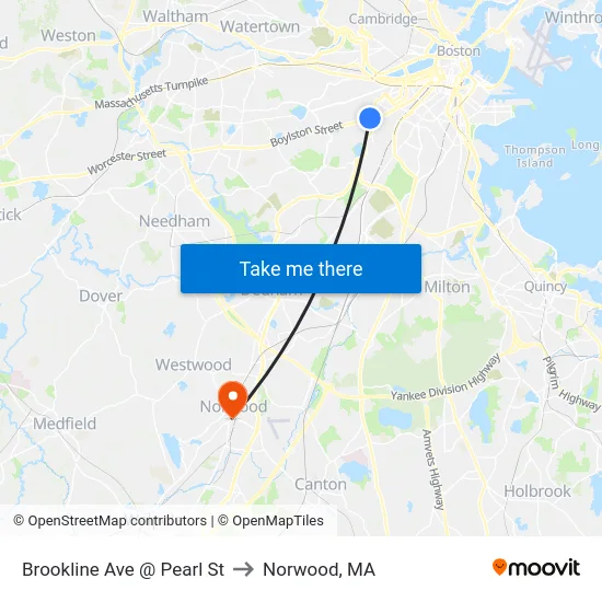 Brookline Ave @ Pearl St to Norwood, MA map