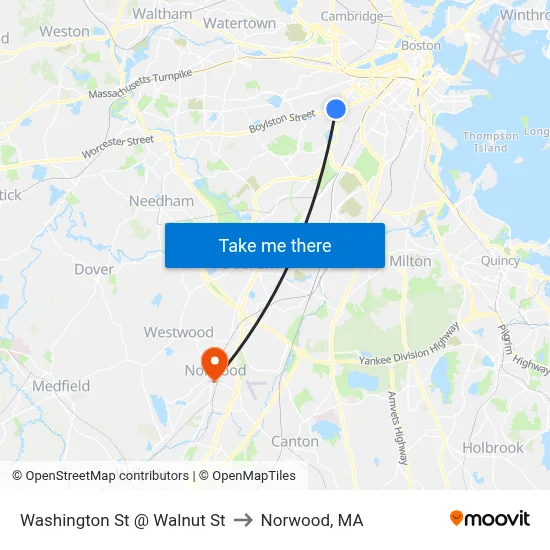 Washington St @ Walnut St to Norwood, MA map