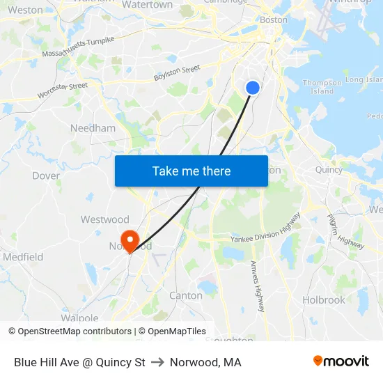 Blue Hill Ave @ Quincy St to Norwood, MA map