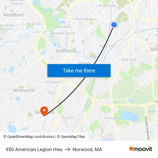 950 American Legion Hwy to Norwood, MA map