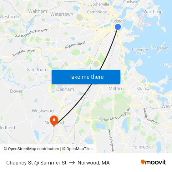 Chauncy St @ Summer St to Norwood, MA map