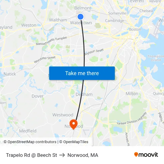 Trapelo Rd @ Beech St to Norwood, MA map