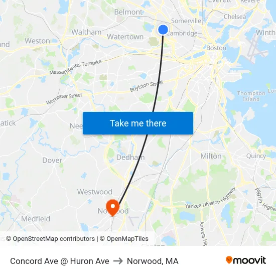 Concord Ave @ Huron Ave to Norwood, MA map