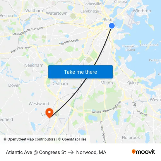 Atlantic Ave @ Congress St to Norwood, MA map