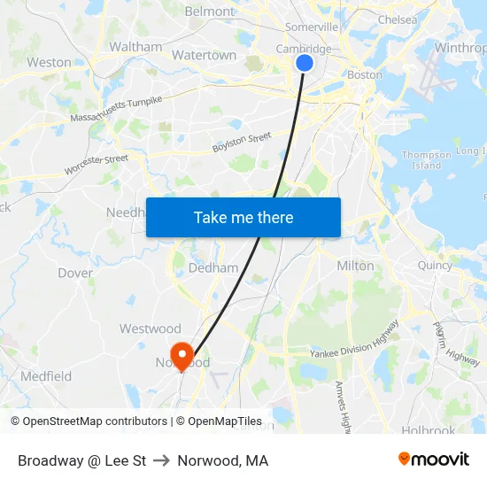 Broadway @ Lee St to Norwood, MA map