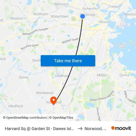 Harvard Sq @ Garden St - Dawes Island to Norwood, MA map