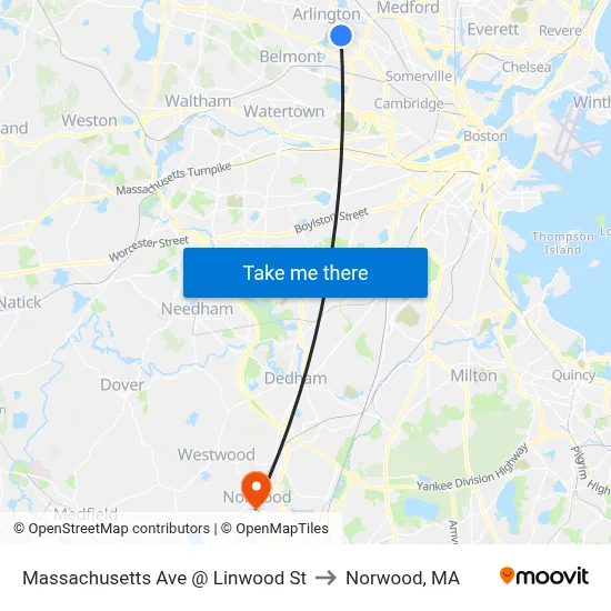 Massachusetts Ave @ Linwood St to Norwood, MA map
