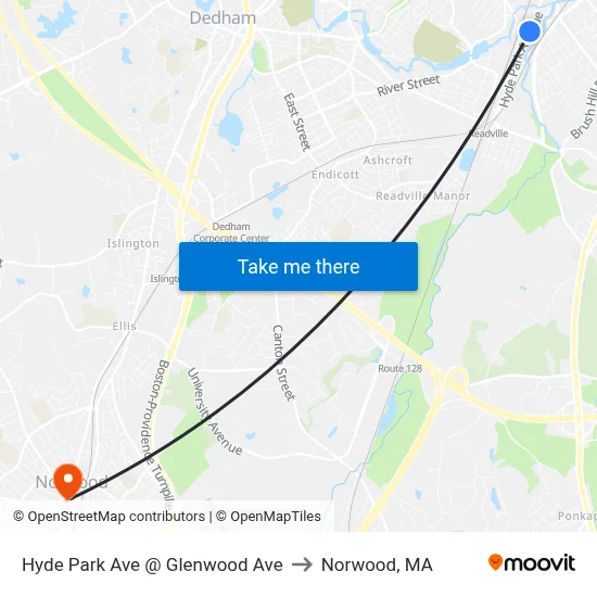 Hyde Park Ave @ Glenwood Ave to Norwood, MA map