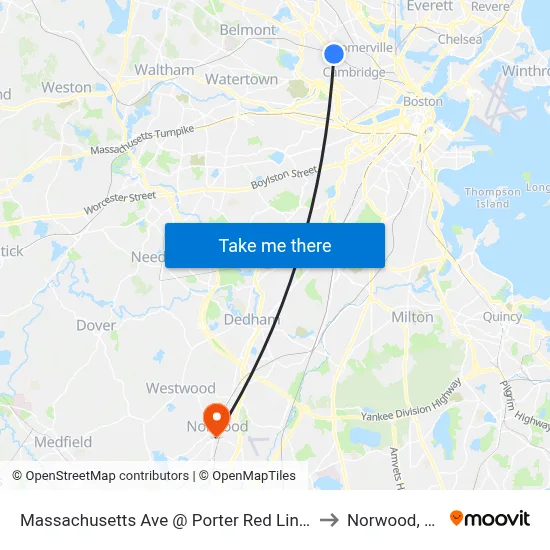 Massachusetts Ave @ Porter Red Line Sta to Norwood, MA map