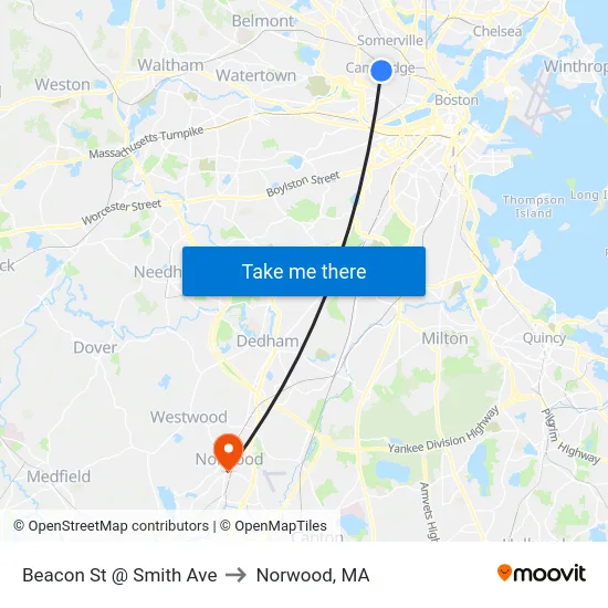 Beacon St @ Smith Ave to Norwood, MA map