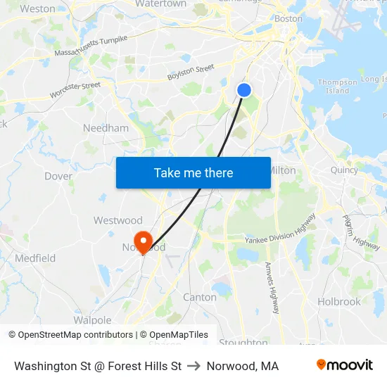 Washington St @ Forest Hills St to Norwood, MA map