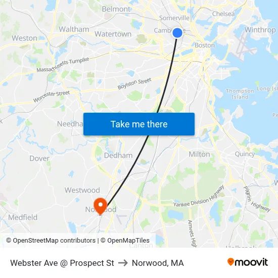 Webster Ave @ Prospect St to Norwood, MA map