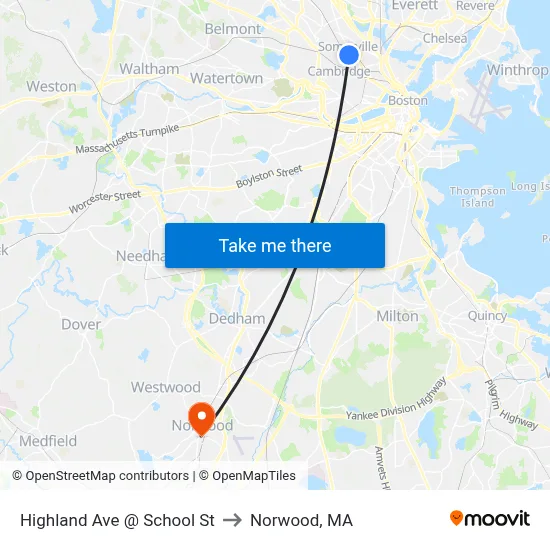 Highland Ave @ School St to Norwood, MA map
