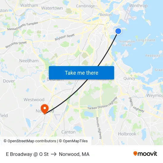 E Broadway @ O St to Norwood, MA map