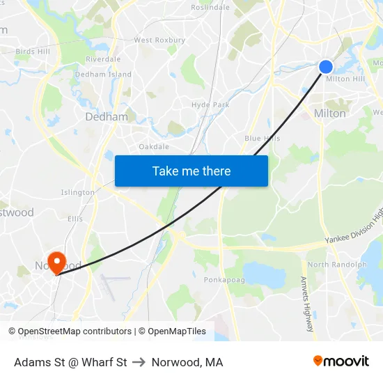 Adams St @ Wharf St to Norwood, MA map