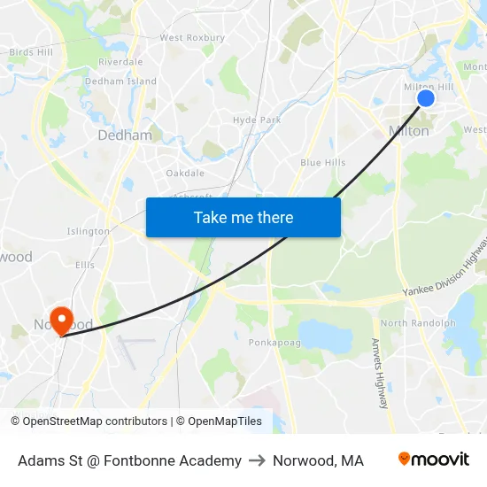 Adams St @ Fontbonne Academy to Norwood, MA map