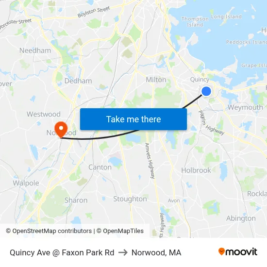 Quincy Ave @ Faxon Park Rd to Norwood, MA map
