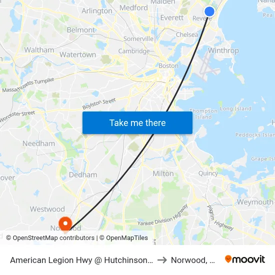 American Legion Hwy @ Hutchinson St to Norwood, MA map