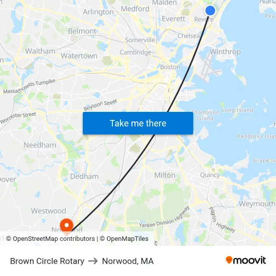 Brown Circle Rotary to Norwood, MA map
