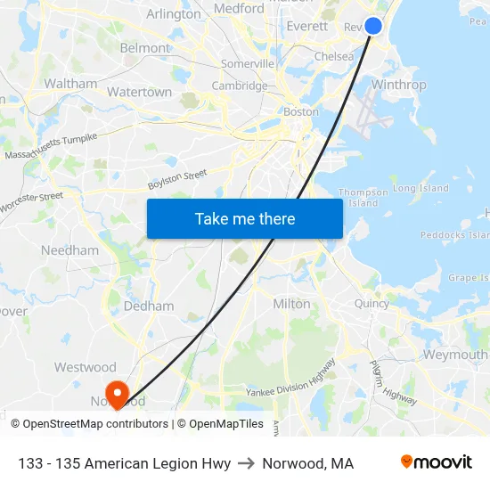 133 - 135 American Legion Hwy to Norwood, MA map