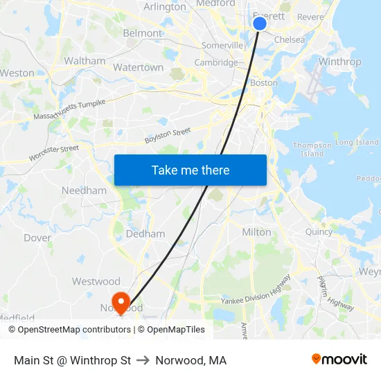 Main St @ Winthrop St to Norwood, MA map