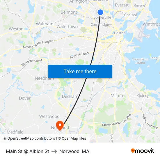 Main St @ Albion St to Norwood, MA map