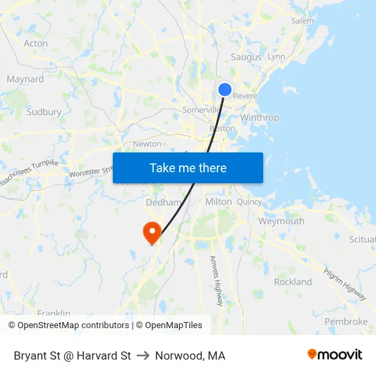 Bryant St @ Harvard St to Norwood, MA map
