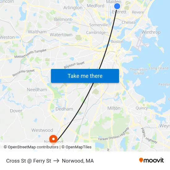 Cross St @ Ferry St to Norwood, MA map