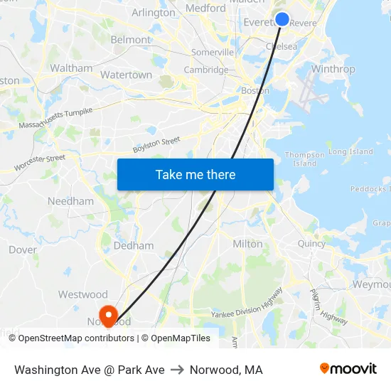 Washington Ave @ Park Ave to Norwood, MA map