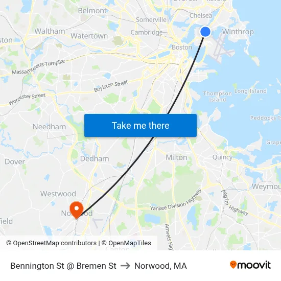 Bennington St @ Bremen St to Norwood, MA map