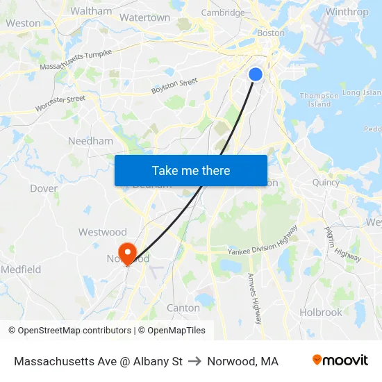 Massachusetts Ave @ Albany St to Norwood, MA map