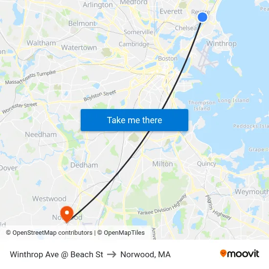 Winthrop Ave @ Beach St to Norwood, MA map