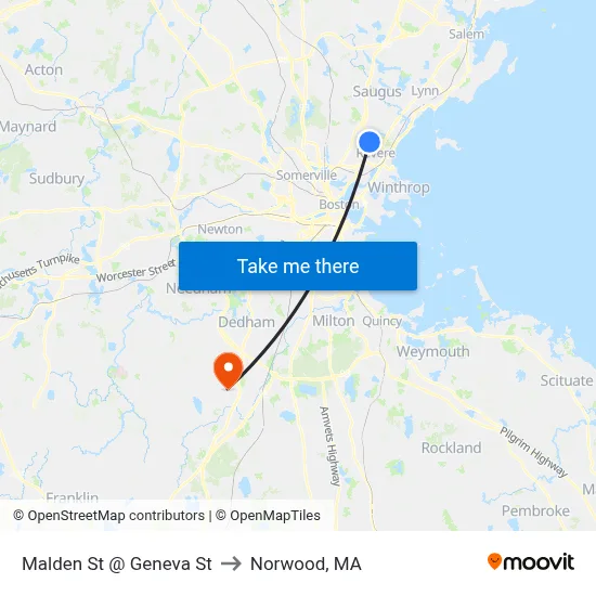 Malden St @ Geneva St to Norwood, MA map