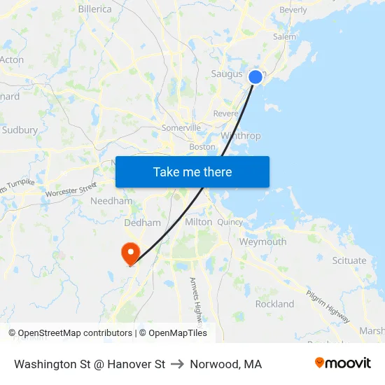 Washington St @ Hanover St to Norwood, MA map