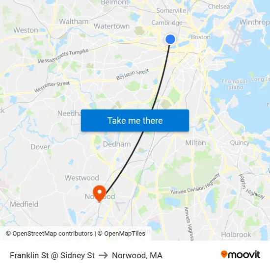 Franklin St @ Sidney St to Norwood, MA map