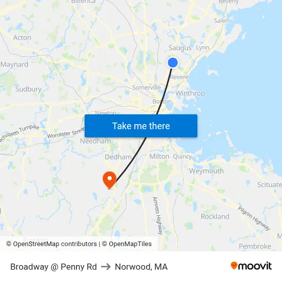 Broadway @ Penny Rd to Norwood, MA map