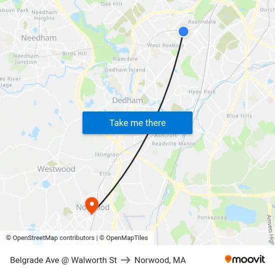 Belgrade Ave @ Walworth St to Norwood, MA map