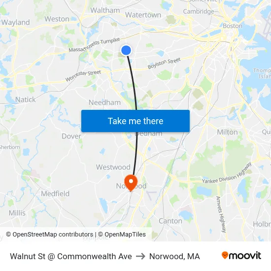 Walnut St @ Commonwealth Ave to Norwood, MA map