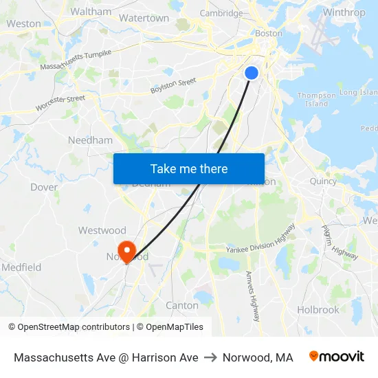 Massachusetts Ave @ Harrison Ave to Norwood, MA map