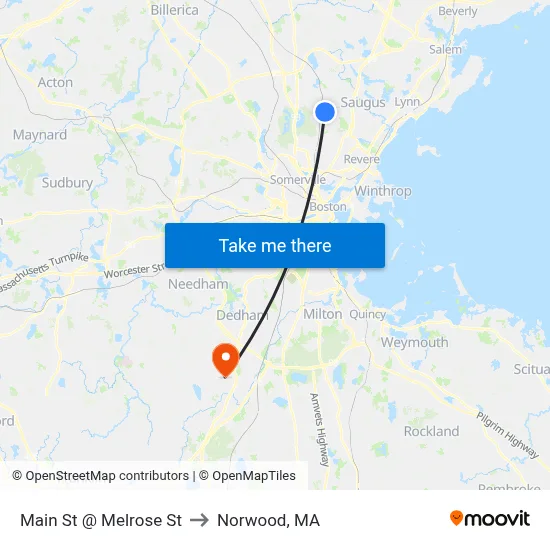 Main St @ Melrose St to Norwood, MA map