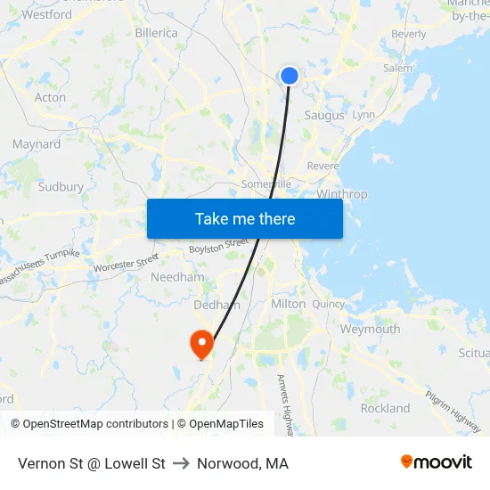 Vernon St @ Lowell St to Norwood, MA map