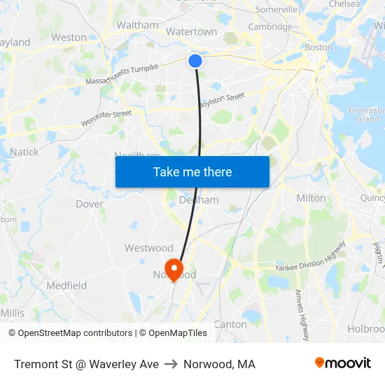 Tremont St @ Waverley Ave to Norwood, MA map