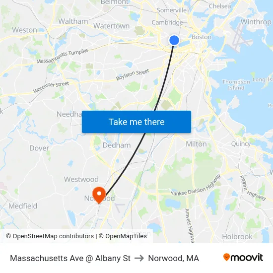 Massachusetts Ave @ Albany St to Norwood, MA map